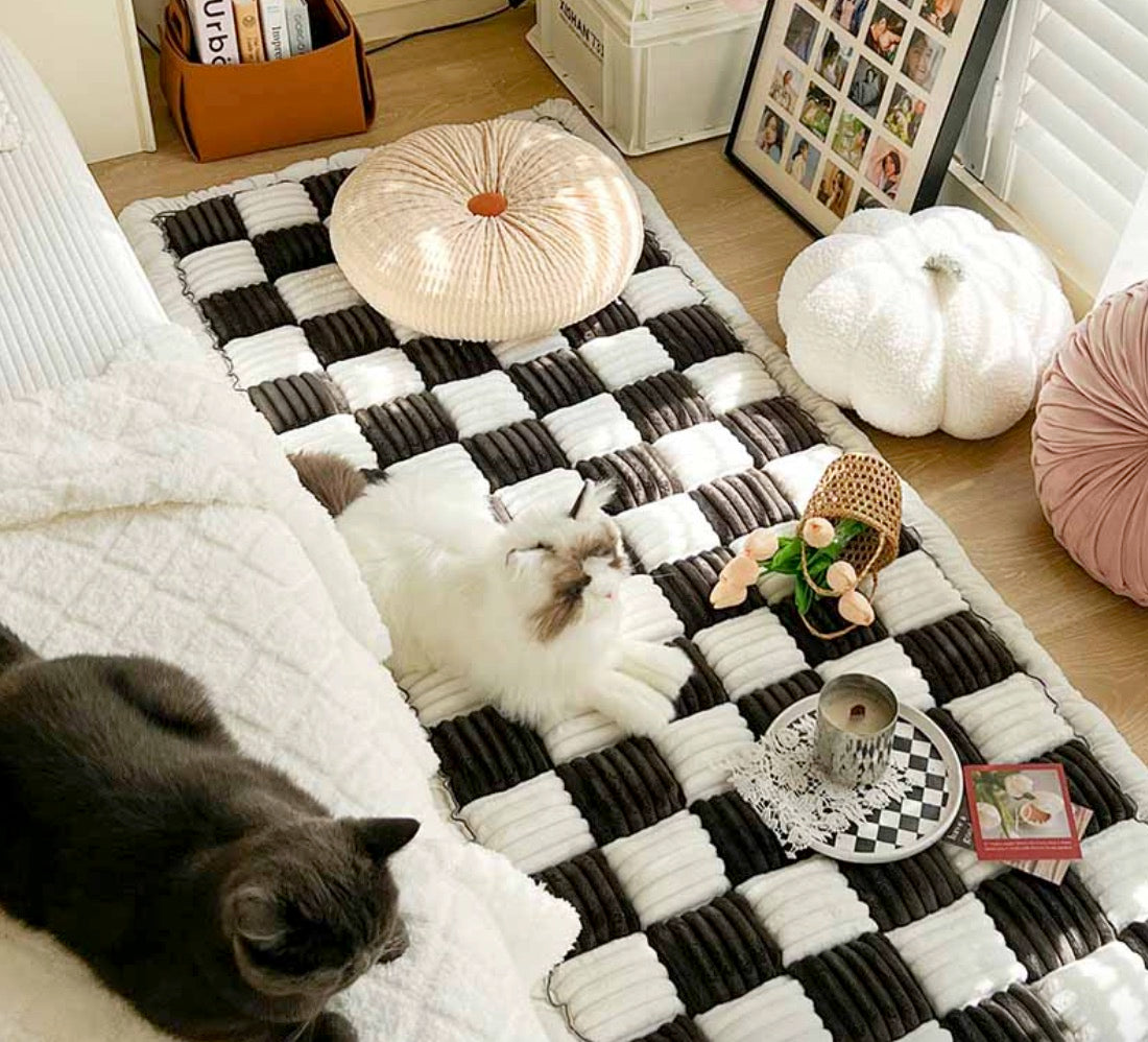 Cream-colored Large Plaid Square Cat & Dog Mat Bed Couch Cover