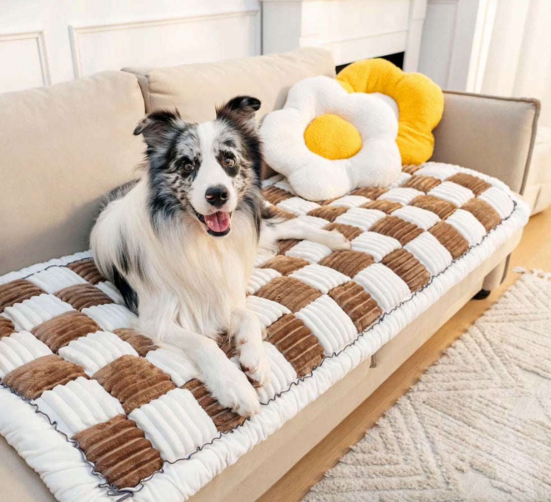 Cream-colored Large Plaid Square Cat & Dog Mat Bed Couch Cover